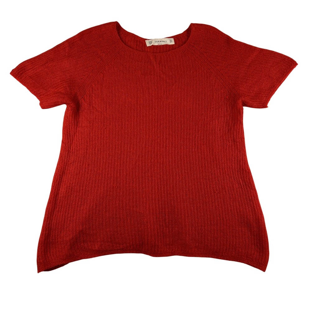 Zara Knit Sweater Womens Medium Red Mohair Open Knit Short Sleeve Pullover